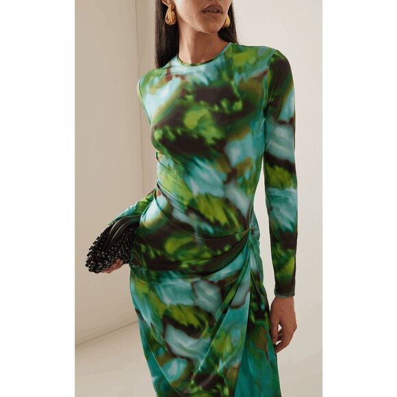 Silvia Tcherassi Ananya Abstract Long Sleeve Draped Midi Dress Green Small $990 - Picture 2 of 12